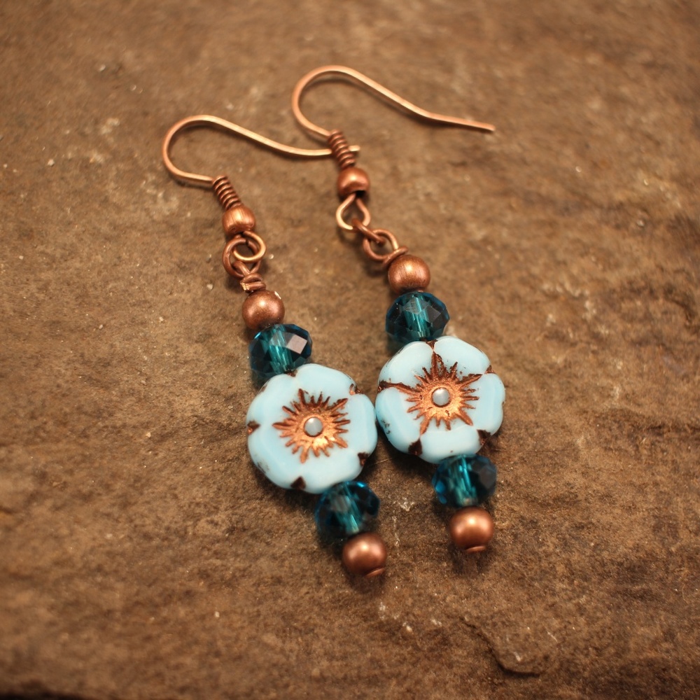 BOHO Turquoise Flower Earrings - Picture 1 of 2